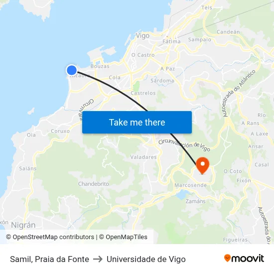 Samil, Praia da Fonte to Universidade de Vigo map