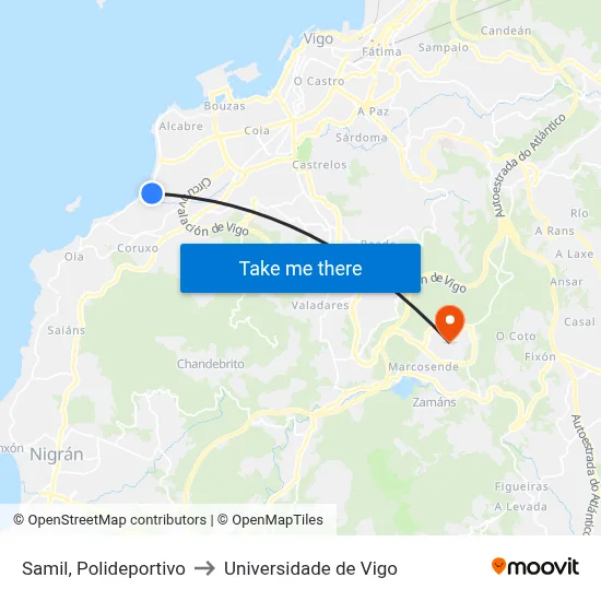 Samil, Polideportivo to Universidade de Vigo map