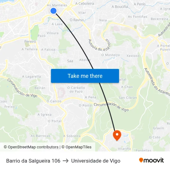 Barrio da Salgueira 106 to Universidade de Vigo map