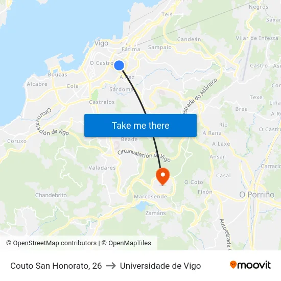 Couto San Honorato, 26 to Universidade de Vigo map