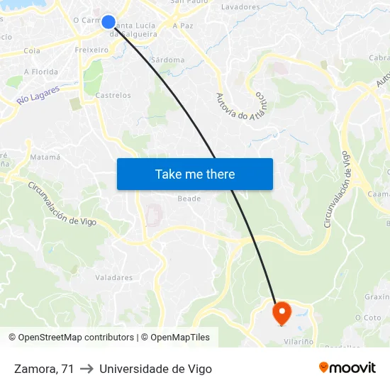 Zamora, 71 to Universidade de Vigo map