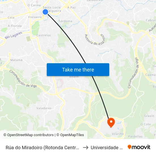 Rúa do Miradoiro (Rotonda Centro Comercial) to Universidade de Vigo map
