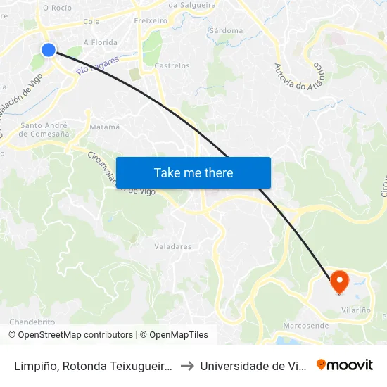 Limpiño, Rotonda Teixugueiras to Universidade de Vigo map