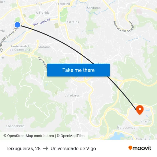 Teixugueiras, 28 to Universidade de Vigo map