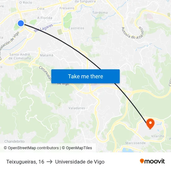 Teixugueiras, 16 to Universidade de Vigo map