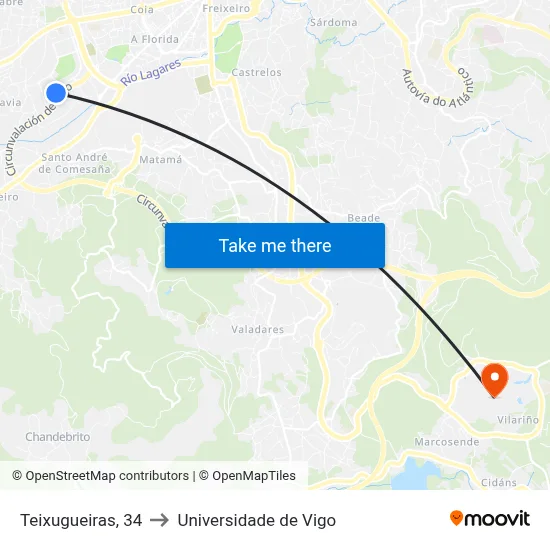 Teixugueiras, 34 to Universidade de Vigo map