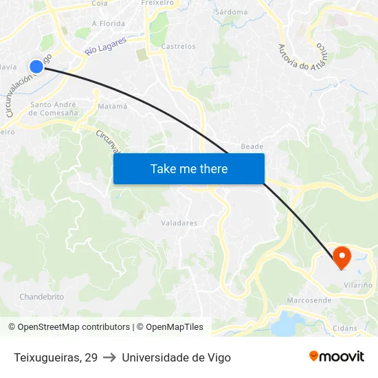 Teixugueiras, 29 to Universidade de Vigo map