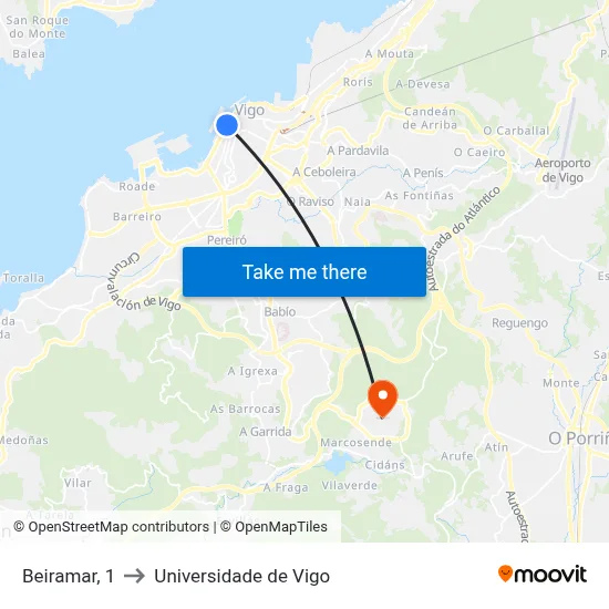 Beiramar, 1 to Universidade de Vigo map