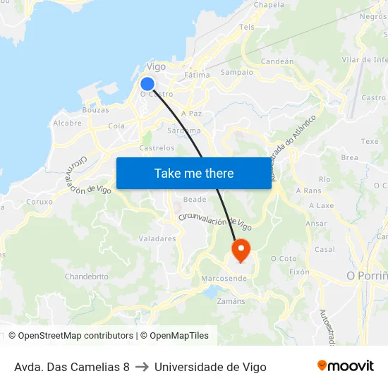 Avda. Das Camelias 8 to Universidade de Vigo map