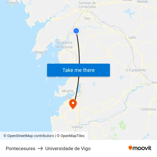 Pontecesures to Universidade de Vigo map