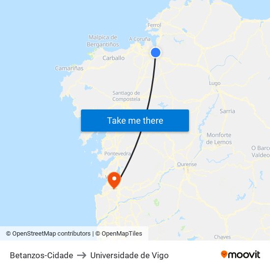 Betanzos-Cidade to Universidade de Vigo map