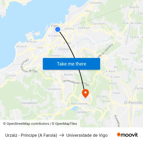 Urzáiz - Príncipe (A Farola) to Universidade de Vigo map