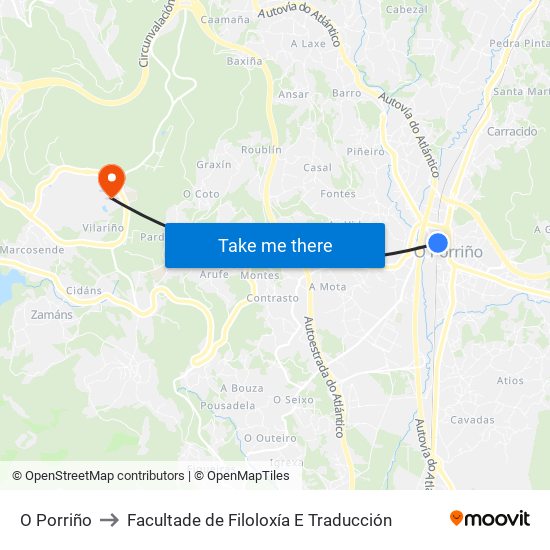 O Porriño to Facultade de Filoloxía E Traducción map