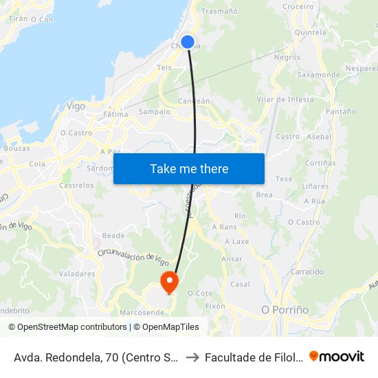 Avda. Redondela, 70 (Centro Saúde) // Lombardía de Arriba to Facultade de Filoloxía E Traducción map