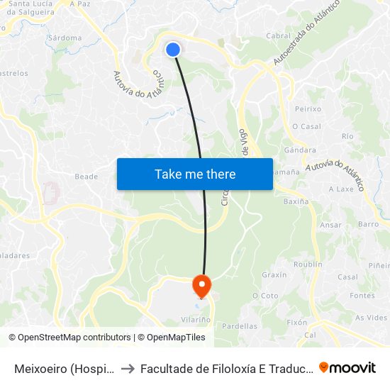 Meixoeiro (Hospital) to Facultade de Filoloxía E Traducción map