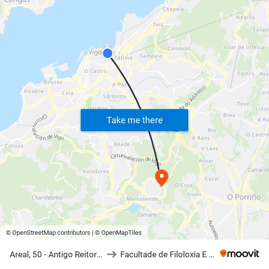 Areal, 50 - Antigo Reitorado (Vigo) to Facultade de Filoloxía E Traducción map