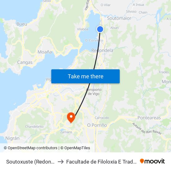 Soutoxuste (Redondela) to Facultade de Filoloxía E Traducción map