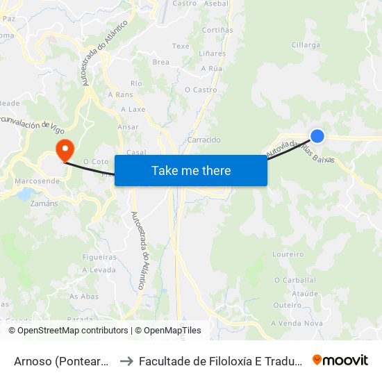 Arnoso (Ponteareas) to Facultade de Filoloxía E Traducción map