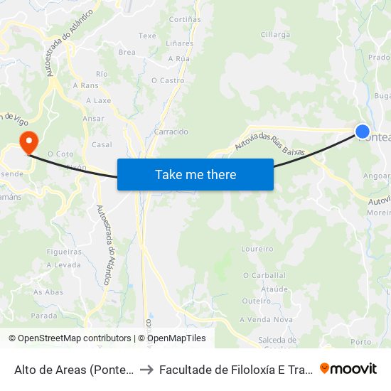 Alto de Areas (Ponteareas) to Facultade de Filoloxía E Traducción map
