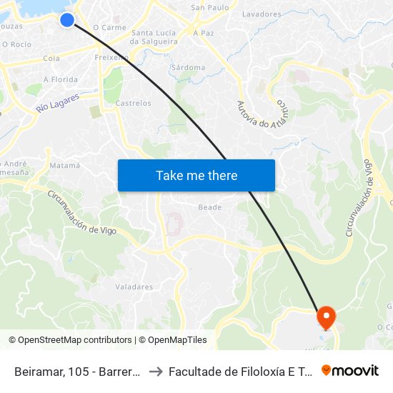 Beiramar, 105 - Barreras (Vigo) to Facultade de Filoloxía E Traducción map