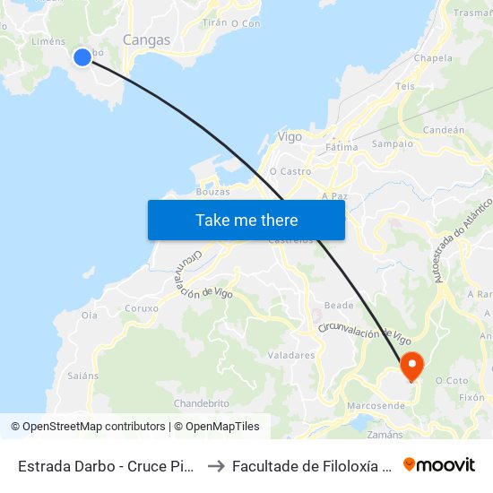 Estrada Darbo - Cruce Piñeiro (Cangas) to Facultade de Filoloxía E Traducción map