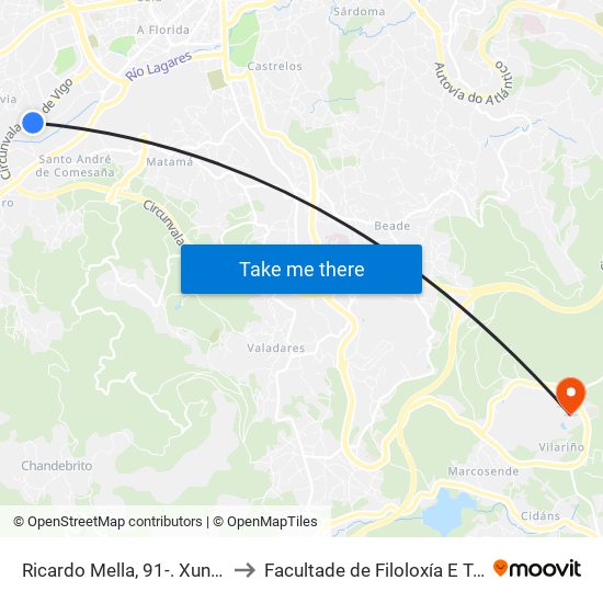 Ricardo Mella, 91-. Xuncal (Vigo) to Facultade de Filoloxía E Traducción map