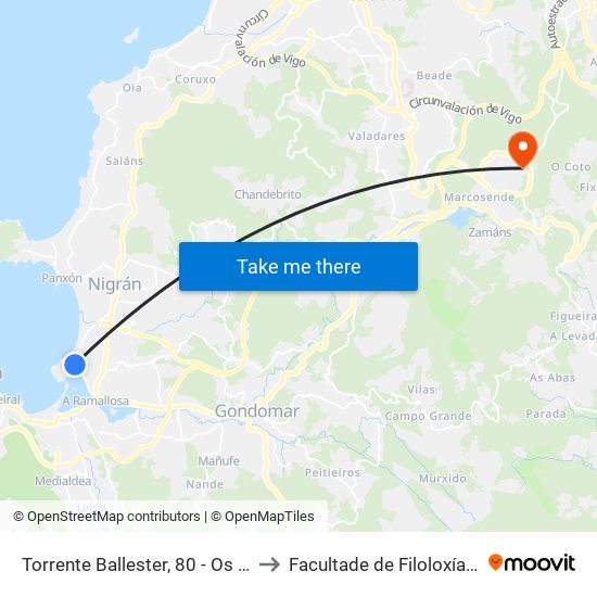 Torrente Ballester, 80 - Os Cotros (Nigrán) to Facultade de Filoloxía E Traducción map