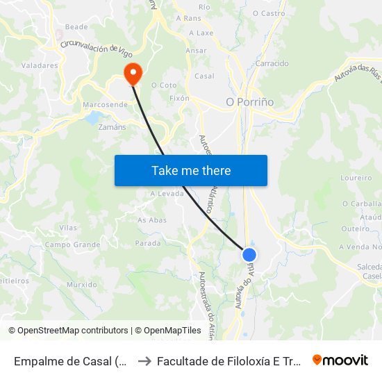 Empalme de Casal (O Porriño) to Facultade de Filoloxía E Traducción map