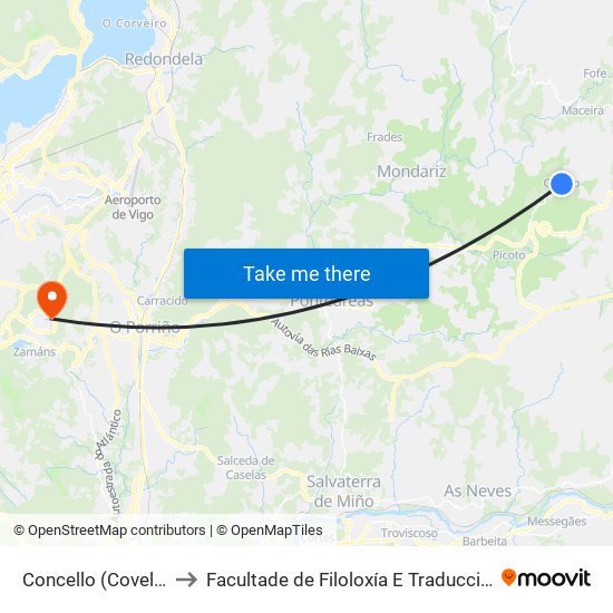 Concello (Covelo) to Facultade de Filoloxía E Traducción map
