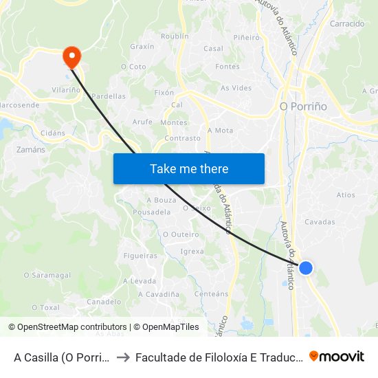A Casilla (O Porriño) to Facultade de Filoloxía E Traducción map