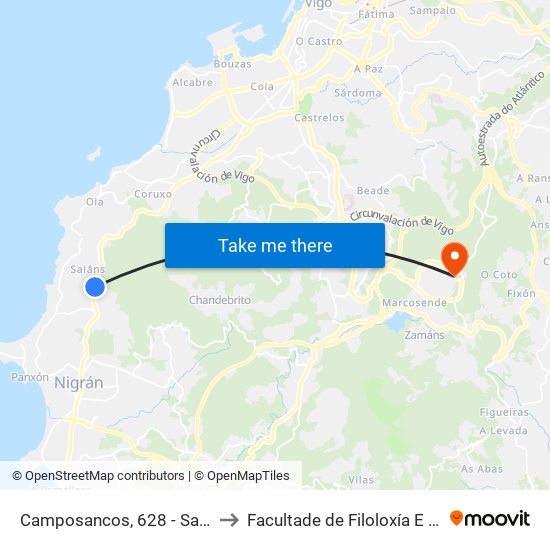 Camposancos, 628 - Saiáns (Vigo) to Facultade de Filoloxía E Traducción map