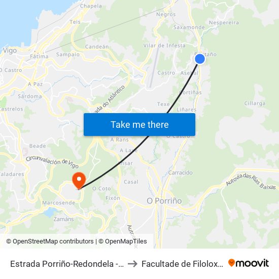 Estrada Porriño-Redondela - San Gregorio (Mos) to Facultade de Filoloxía E Traducción map