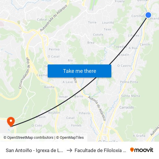 San Antoíño - Igrexa de Louredo (Mos) to Facultade de Filoloxía E Traducción map