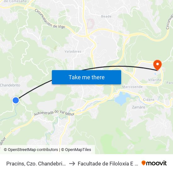 Pracíns, Czo. Chandebrito (Nigrán) to Facultade de Filoloxía E Traducción map
