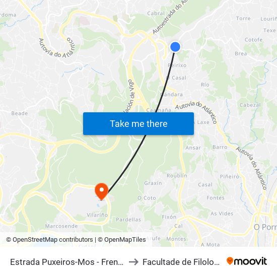 Estrada Puxeiros-Mos - Frente Policía Local (Mos) to Facultade de Filoloxía E Traducción map