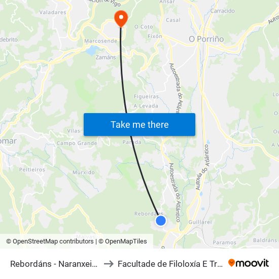 Rebordáns - Naranxeiras (Tui) to Facultade de Filoloxía E Traducción map
