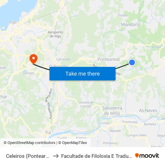 Celeiros (Ponteareas) to Facultade de Filoloxía E Traducción map