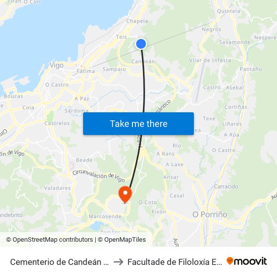 Cementerio de Candeán (Redondela) to Facultade de Filoloxía E Traducción map