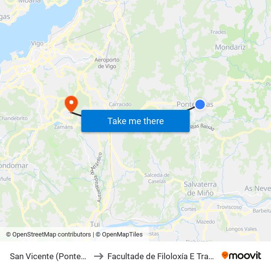 San Vicente (Ponteareas) to Facultade de Filoloxía E Traducción map