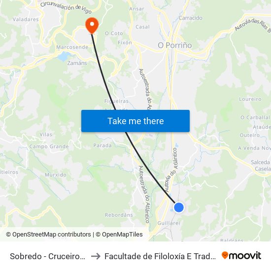 Sobredo - Cruceiro (Tui) to Facultade de Filoloxía E Traducción map