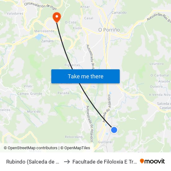 Rubindo (Salceda de Caselas) to Facultade de Filoloxía E Traducción map