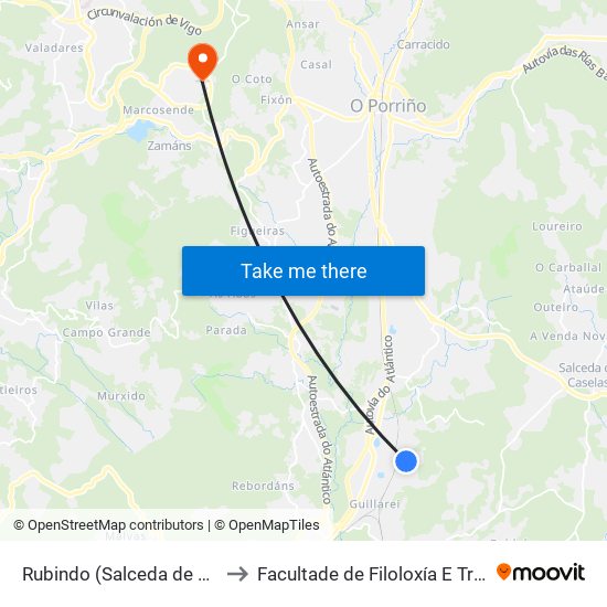 Rubindo (Salceda de Caselas) to Facultade de Filoloxía E Traducción map