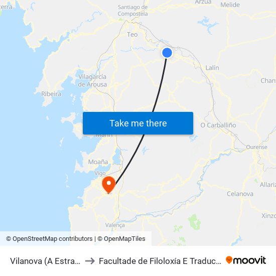 Vilanova (A Estrada) to Facultade de Filoloxía E Traducción map