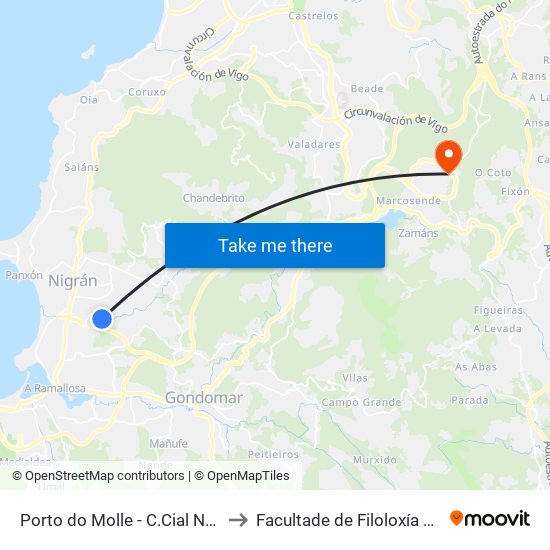 Porto do Molle - C.Cial Nasas (Nigrán) to Facultade de Filoloxía E Traducción map