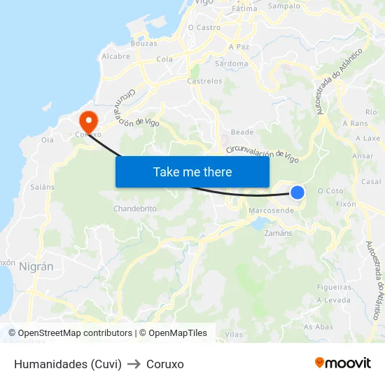 Humanidades (Cuvi) to Coruxo map