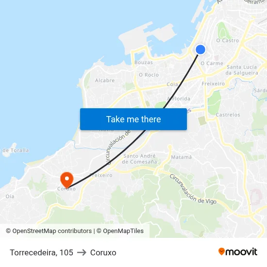 Torrecedeira, 105 to Coruxo map