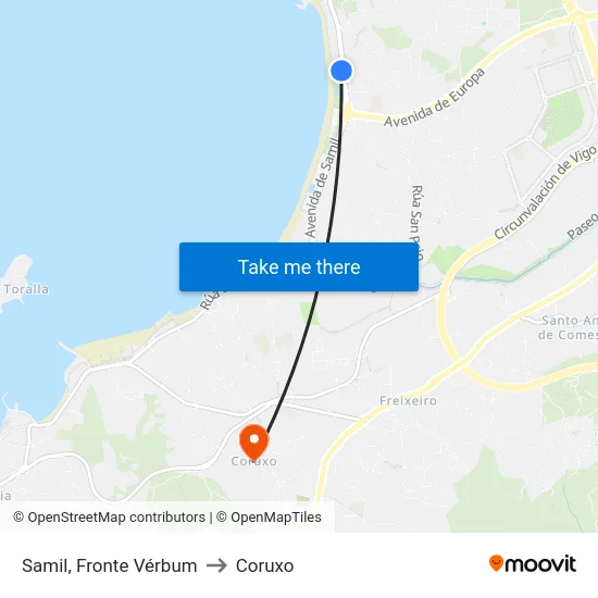 Samil, Fronte Vérbum to Coruxo map