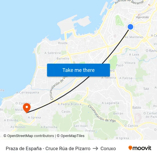Praza de España - Cruce Rúa de Pizarro to Coruxo map