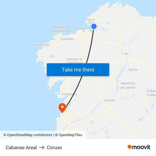 Cabanas-Areal to Coruxo map