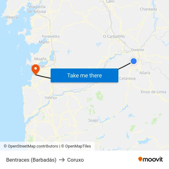 Bentraces (Barbadás) to Coruxo map